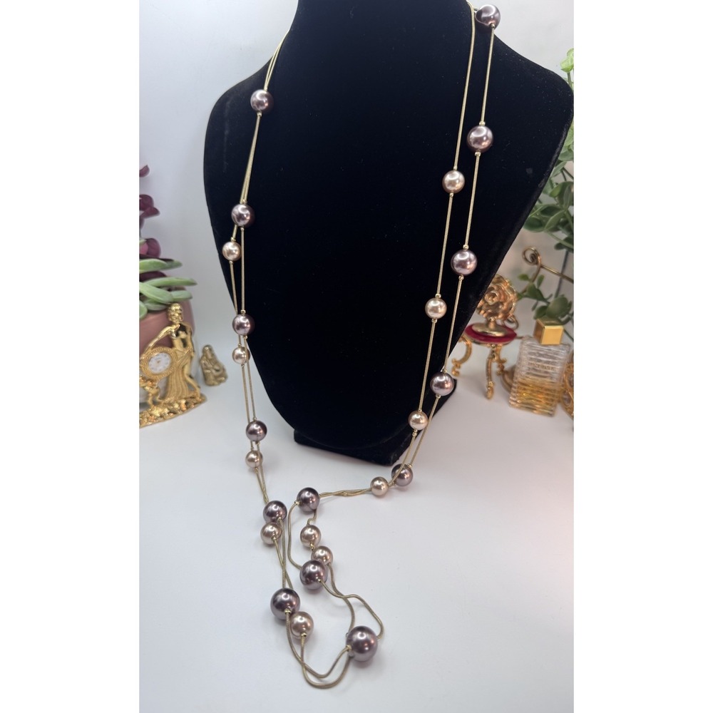 Vintage RMN Silver Tone Acrylic Faux Pearl Beaded Necklace Brown Beige 36in